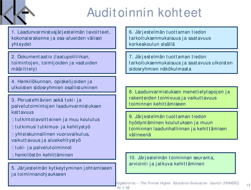 Perustehtävien sekä tuki ja palvelutoimintojen laadunvarmistuksen kattavuus tutkintotavoitteinen ja muu koulutus tutkimus/tutkimus ja kehitystyö yhteiskunnallinen vuorovaikutus, vaikuttavuus ja