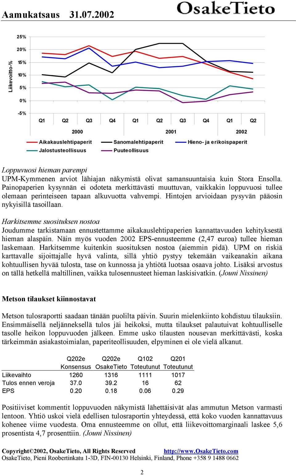 Painopaperien kysynnän ei odoteta merkittävästi muuttuvan, vaikkakin loppuvuosi tullee olemaan perinteiseen tapaan alkuvuotta vahvempi. Hintojen arvioidaan pysyvän pääosin nykyisillä tasoillaan.