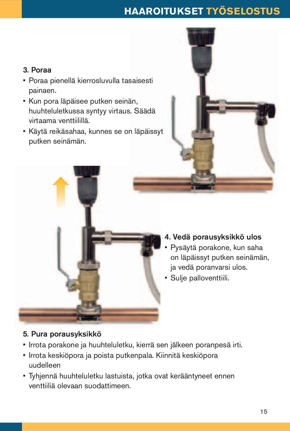 Vedä porausyksikkö ulos Pysäytä porakone, kun saha on läpäissyt putken seinämän, ja vedä poranvarsi ulos. Sulje palloventtiili. 5.