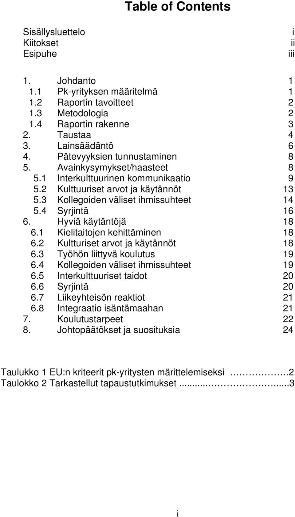 4 Syrjintä 16 6. Hyviä käytäntöjä 18 6.1 Kielitaitojen kehittäminen 18 6.2 Kultturiset arvot ja käytännöt 18 6.3 Työhön liittyvä koulutus 19 6.4 Kollegoiden väliset ihmissuhteet 19 6.