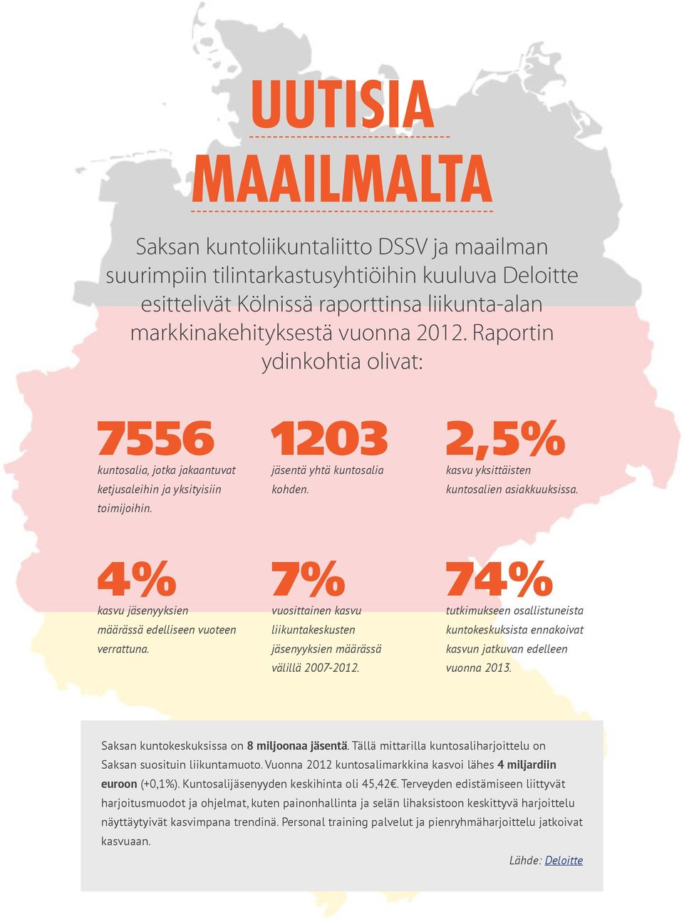 4% kasvu jäsenyyksien määrässä edelliseen vuoteen verrattuna. 7% vuosittainen kasvu liikuntakeskusten jäsenyyksien määrässä välillä 2007-2012.