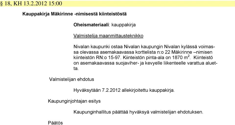 maanmittausteknikko Nivalan kaupunki ostaa Nivalan kaupungin Nivalan kylässä voimassa olevassa asemakaavassa korttelista n:o 22 Mäkirinne