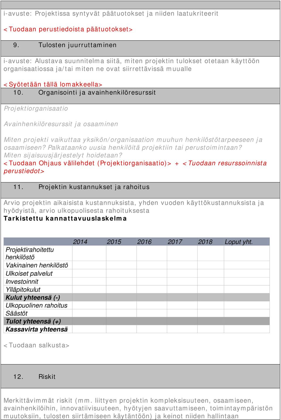 Organisointi ja avainhenkilöresurssit Projektiorganisaatio Avainhenkilöresurssit ja osaaminen Miten projekti vaikuttaa yksikön/organisaation muuhun henkilöstötarpeeseen ja osaamiseen?