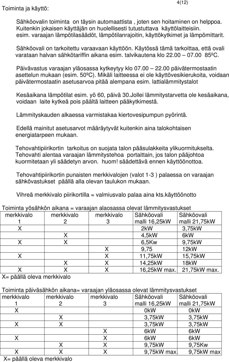 Käytössä tämä tarkoittaa, että ovali varataan halvan sähkötariffin aikana esim. talvikautena klo 22.00 07.00 85ºC. Päivävastus varaajan yläosassa kytkeytyy klo 07.00 22.