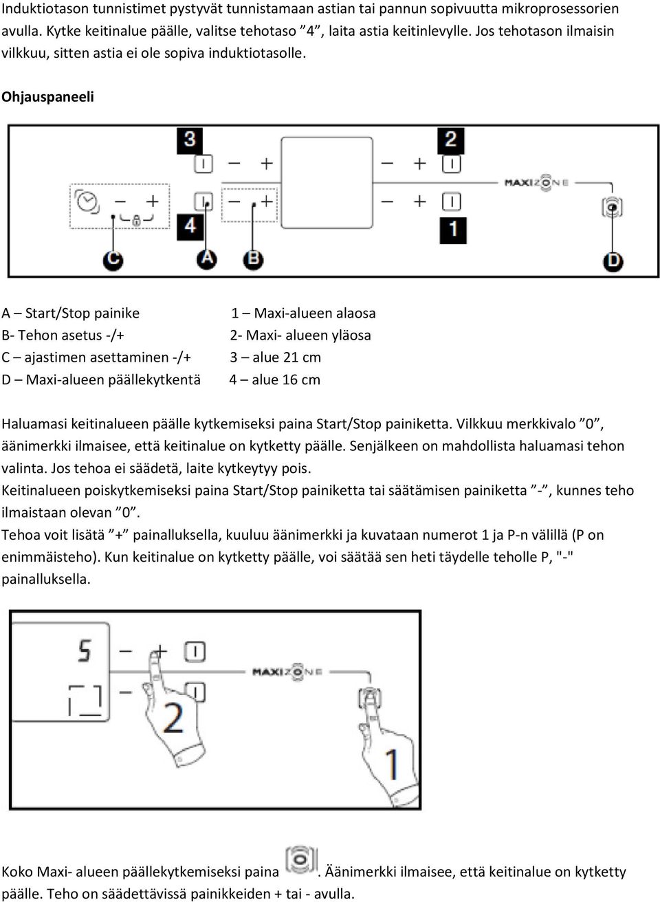 Ohjauspaneeli A Start/Stop painike 1 Maxi-alueen alaosa B- Tehon asetus -/+ 2- Maxi- alueen yläosa C ajastimen asettaminen -/+ 3 alue 21 cm D Maxi-alueen päällekytkentä 4 alue 16 cm Haluamasi