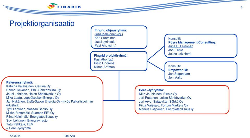 Pahkala, TEM + Core -työryhmä Fingrid ohjausryhmä: Juha Kekkonen (pj.) Kari Suominen Jussi Jyrinsalo Pasi Aho (siht.