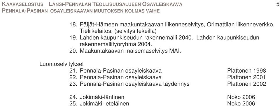 Luontoselvitykset 21. Pennala-Pasinan osayleiskaava Plattonen 1998 22. Pennala-Pasinan osayleiskaava Plattonen 2001 23.