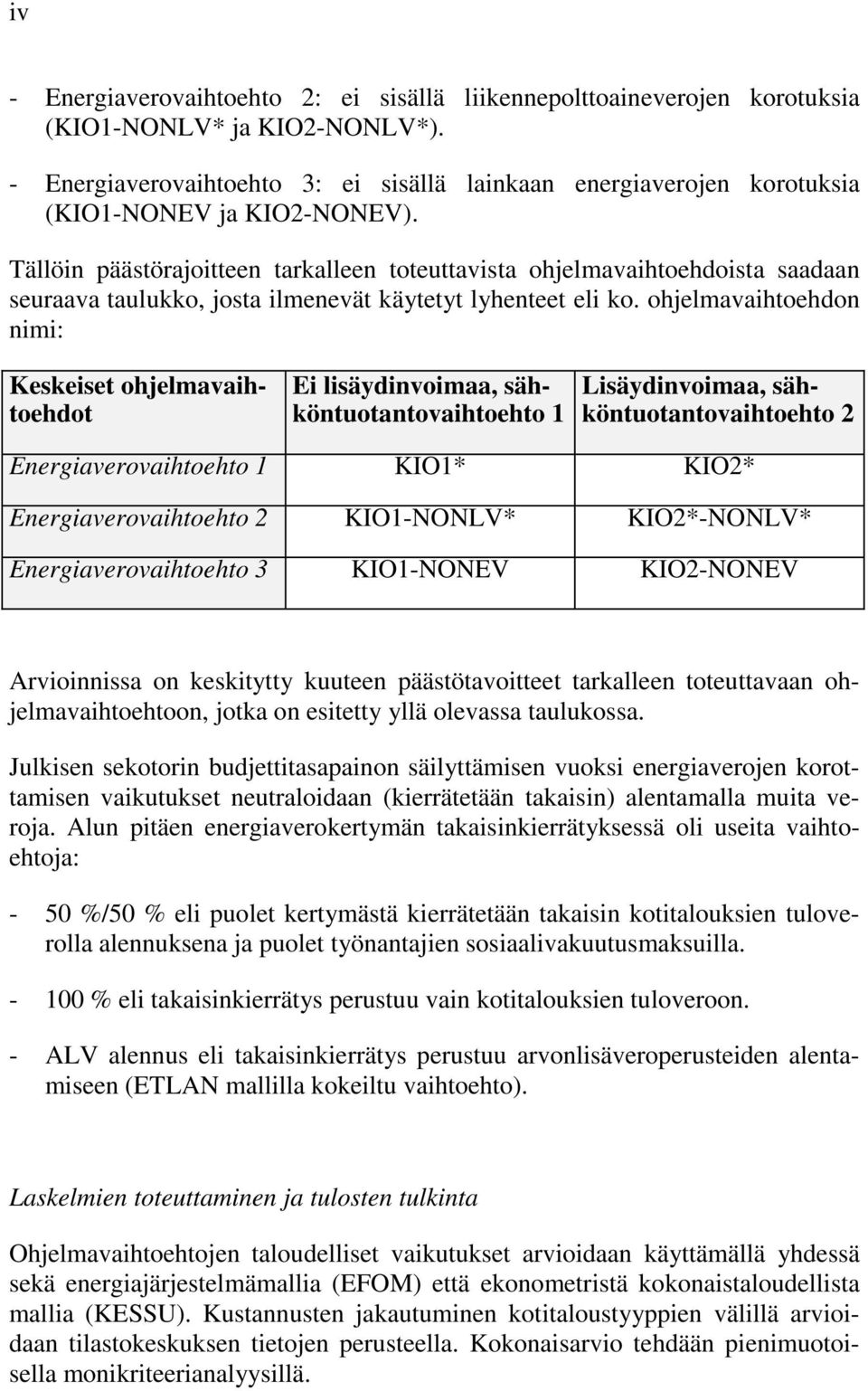 Tällöin päästörajoitteen tarkalleen toteuttavista ohjelmavaihtoehdoista saadaan seuraava taulukko, josta ilmenevät käytetyt lyhenteet eli ko.