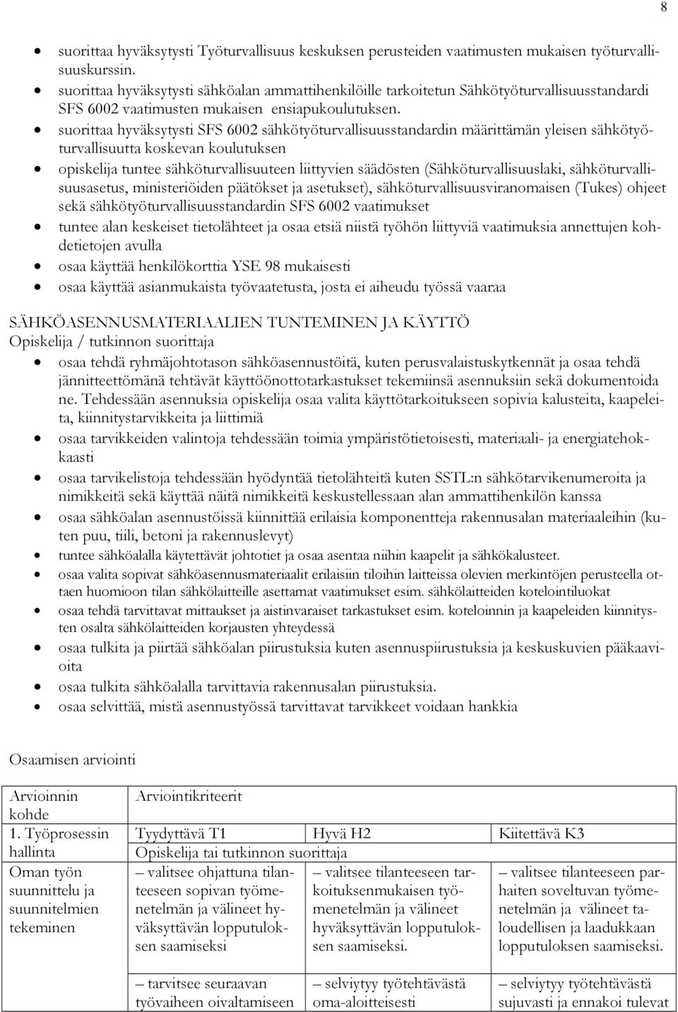 suorittaa hyväksytysti SFS 6002 sähkötyöturvallisuusstandardin määrittämän yleisen sähkötyöturvallisuutta koskevan koulutuksen opiskelija tuntee sähköturvallisuuteen liittyvien säädösten