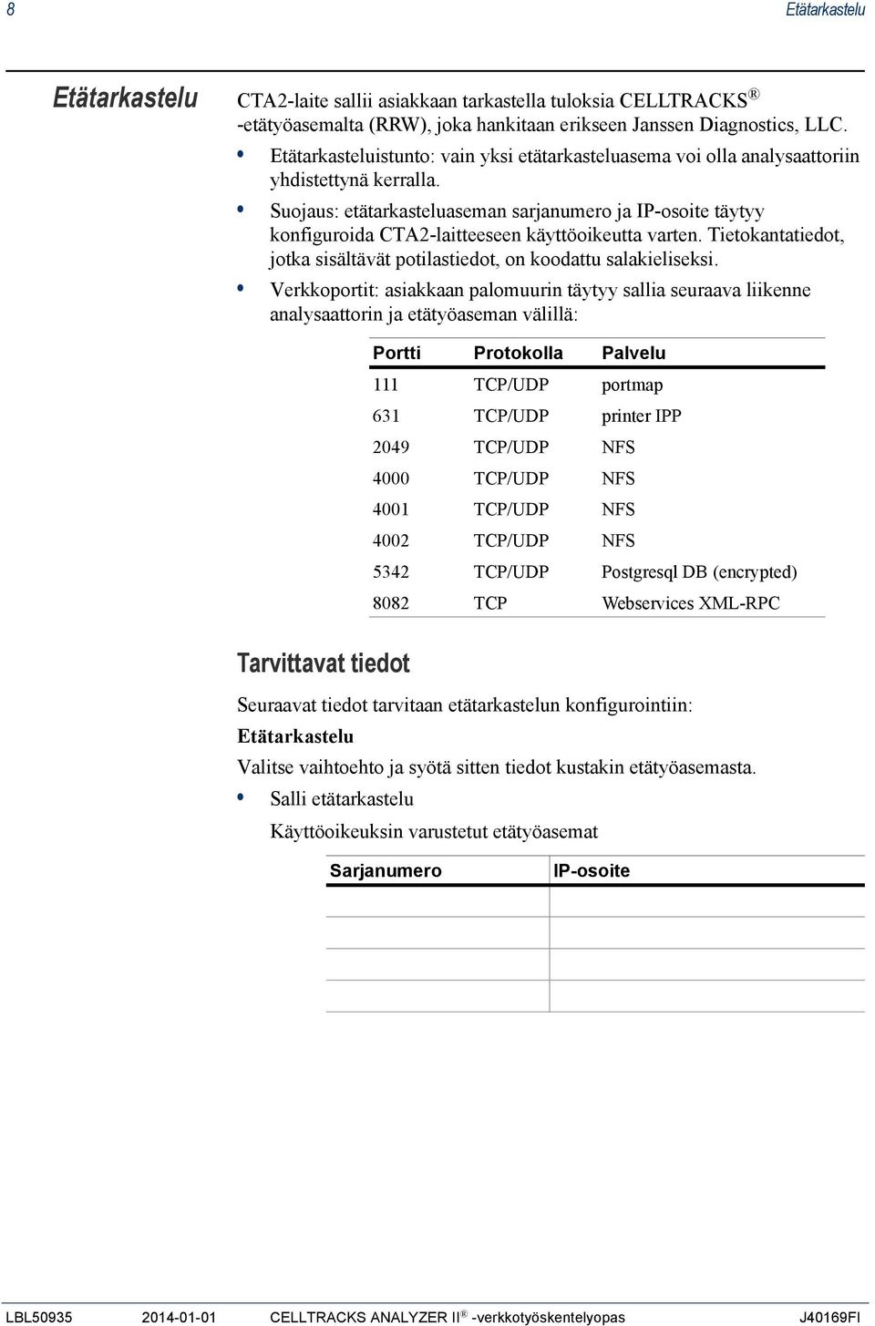 Suojaus: etätarkasteluaseman sarjanumero ja IP-osoite täytyy konfiguroida CTA2-laitteeseen käyttöoikeutta varten. Tietokantatiedot, jotka sisältävät potilastiedot, on koodattu salakieliseksi.