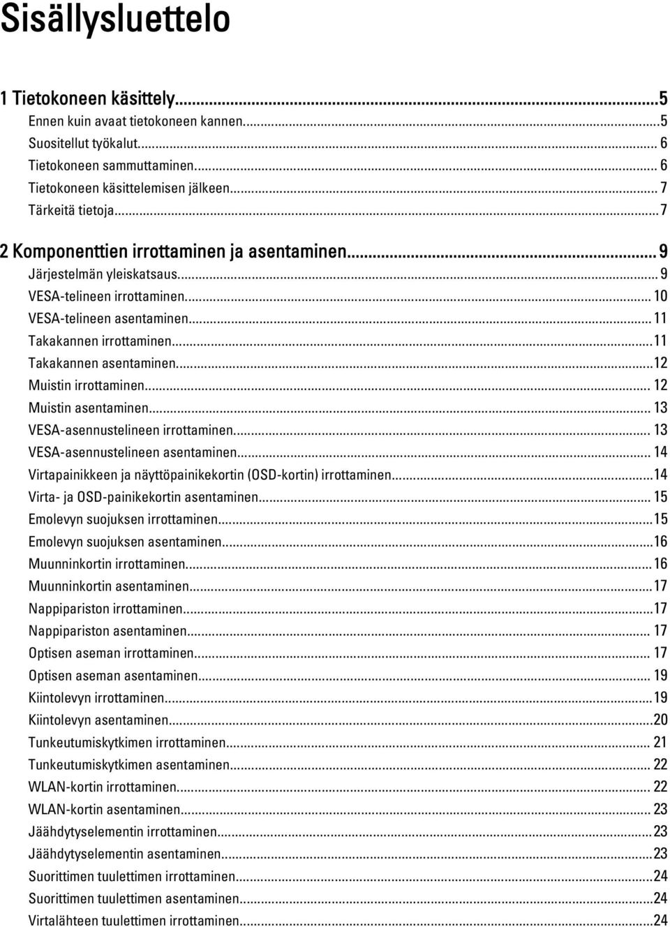 ..12 Muistin irrottaminen... 12 Muistin asentaminen... 13 VESA-asennustelineen irrottaminen... 13 VESA-asennustelineen asentaminen... 14 Virtapainikkeen ja näyttöpainikekortin (OSD-kortin) irrottaminen.
