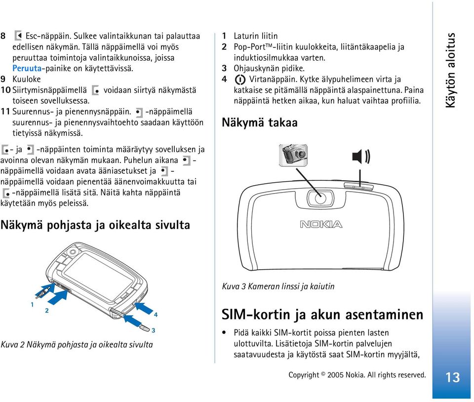 -näppäimellä suurennus- ja pienennysvaihtoehto saadaan käyttöön tietyissä näkymissä. - ja -näppäinten toiminta määräytyy sovelluksen ja avoinna olevan näkymän mukaan.