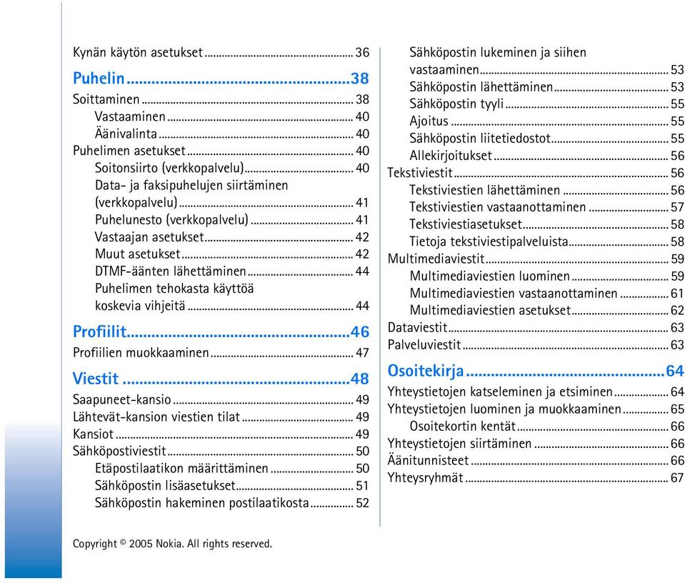 .. 44 Puhelimen tehokasta käyttöä koskevia vihjeitä... 44 Profiilit...46 Profiilien muokkaaminen... 47 Viestit...48 Saapuneet-kansio... 49 Lähtevät-kansion viestien tilat... 49 Kansiot.