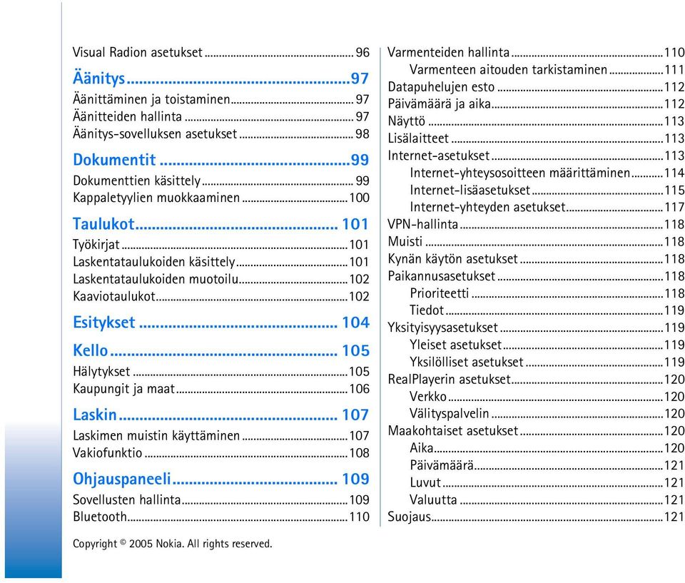 .. 105 Hälytykset...105 Kaupungit ja maat...106 Laskin... 107 Laskimen muistin käyttäminen...107 Vakiofunktio...108 Ohjauspaneeli... 109 Sovellusten hallinta...109 Bluetooth...110 Varmenteiden hallinta.