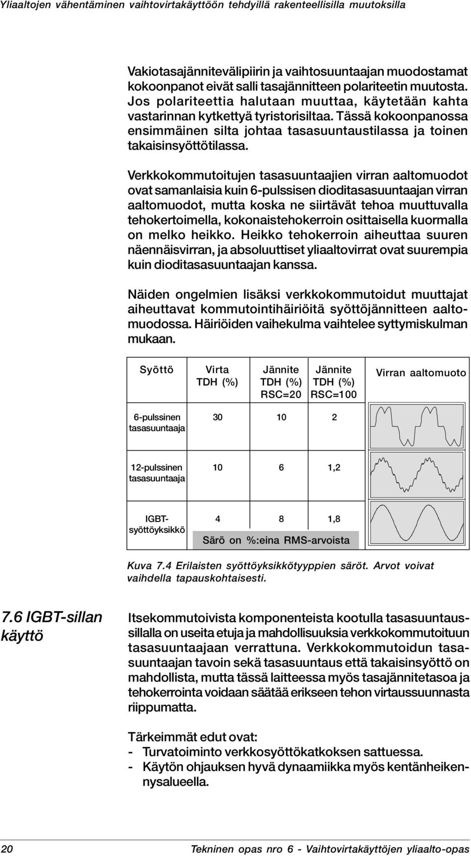 Verkkokommutoitujen tasasuuntaajien virran aaltomuodot ovat samanlaisia kuin 6-pulssisen dioditasasuuntaajan virran aaltomuodot, mutta koska ne siirtävät tehoa muuttuvalla tehokertoimella,