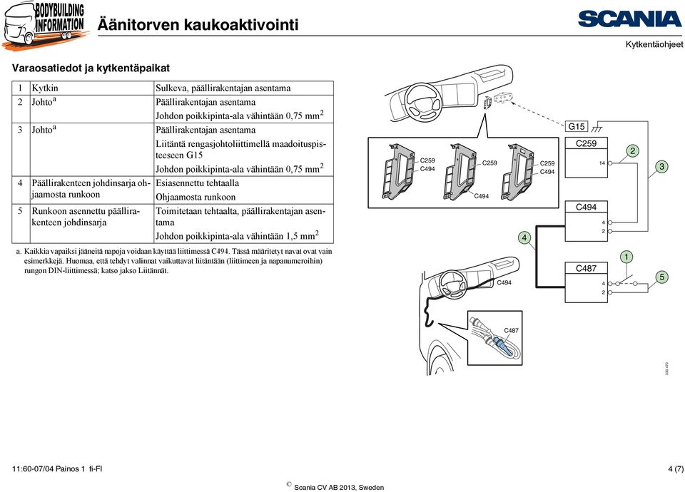 päällirakenteen johdinsarja Toimitetaan tehtaalta, päällirakentajan asentama Johdon poikkipinta-ala vähintään 1,5 mm G15 1 3 a. Kaikkia vapaiksi jääneitä napoja voidaan käyttää liittimessä.