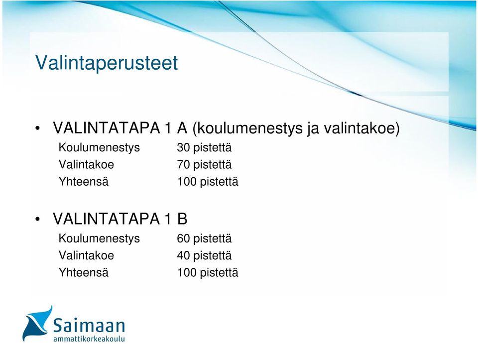 Yhteensä 100 pistettä VALINTATAPA 1 B