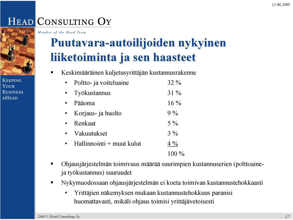 % Ohjausjärjestelmän toimivuus määrää suurimpien kustannuserien (polttoaineja työkustannus) suuruudet Nykymuodossaan ohjausjärjestelmän ei