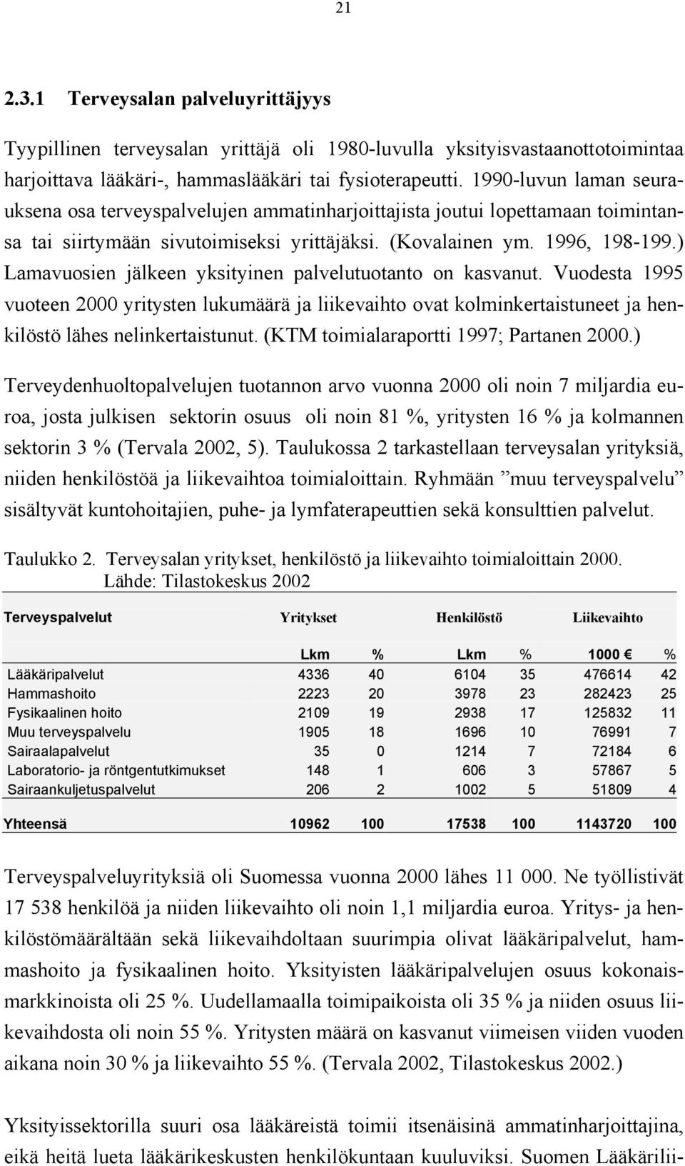 ) Lamavuosien jälkeen yksityinen palvelutuotanto on kasvanut. Vuodesta 1995 vuoteen 2000 yritysten lukumäärä ja liikevaihto ovat kolminkertaistuneet ja henkilöstö lähes nelinkertaistunut.