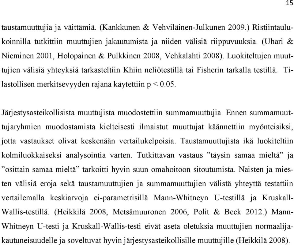 Tilastollisen merkitsevyyden rajana käytettiin p < 0.05. Järjestysasteikollisista muuttujista muodostettiin summamuuttujia.