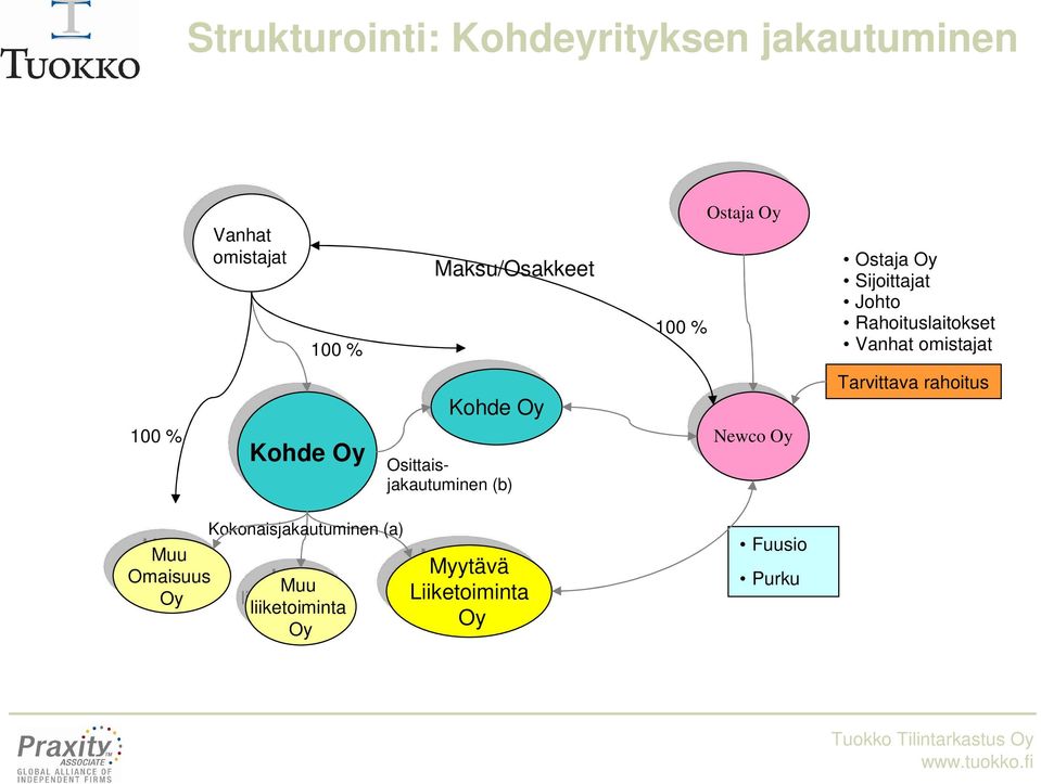 Osittaisjakautuminen (b) Newco Oy Newco Oy Tarvittava rahoitus Kokonaisjakautuminen (a) Muu Muu Omaisuus