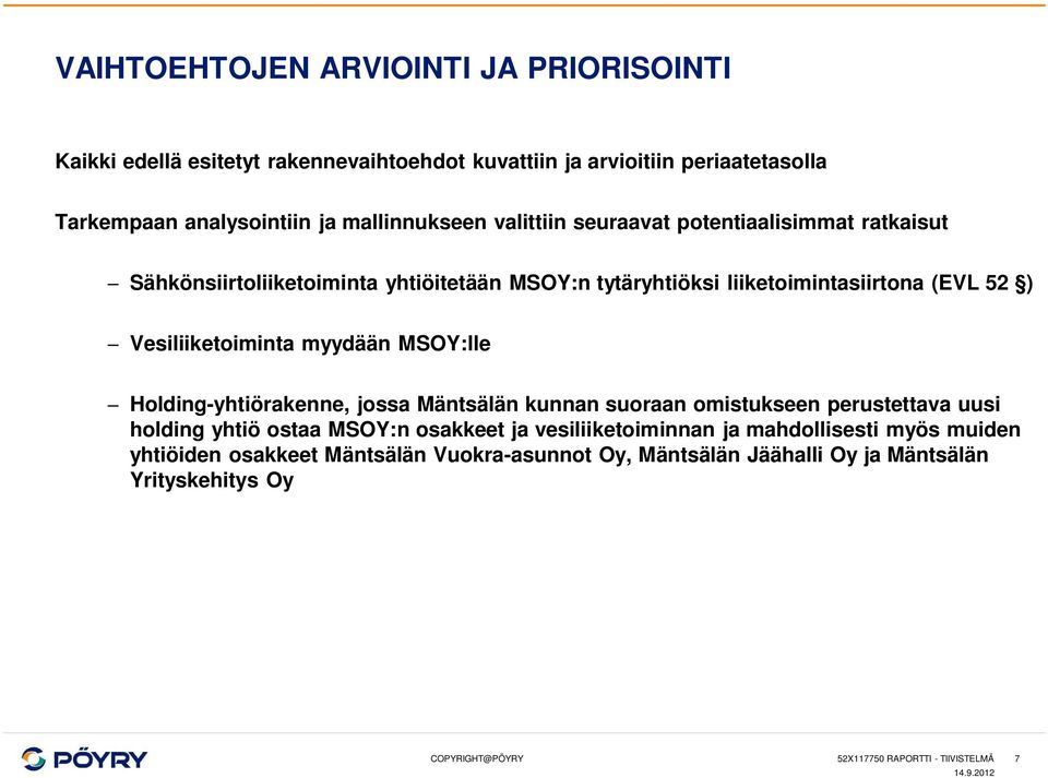 Vesiliiketoiminta myydään MSOY:lle Holding-yhtiörakenne, jossa Mäntsälän kunnan suoraan omistukseen perustettava uusi holding yhtiö ostaa MSOY:n osakkeet ja