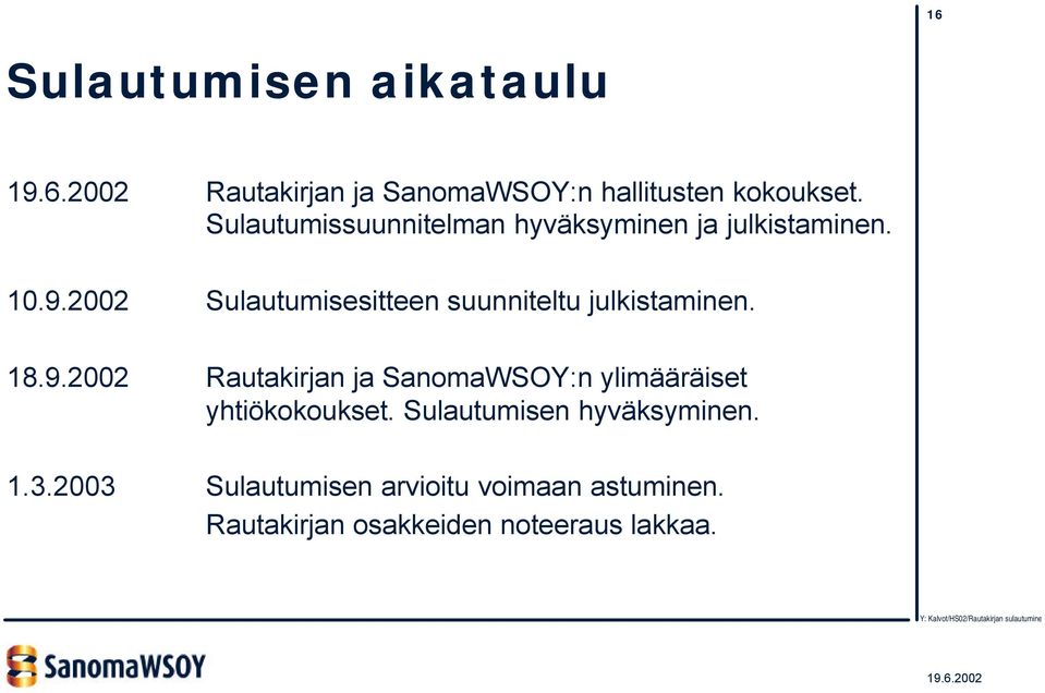 2002 Sulautumisesitteen suunniteltu julkistaminen. 18.9.