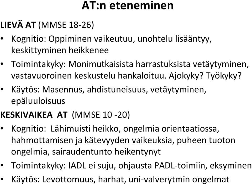 Käytös: Masennus, ahdistuneisuus, vetäytyminen, epäluuloisuus KESKIVAIKEA AT (MMSE 10-20) Kognitio: Lähimuisti heikko, ongelmia orientaatiossa,