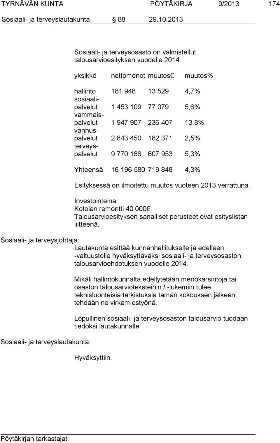 vammaispalvelut 1 947 907 236 407 13,8% vanhuspalvelut 2 843 450 182 371 2,5% terveyspalvelut 9 770 166 607 953 5,3% Yhteensä 16 196 580 719 848 4,3% Esityksessä on ilmoitettu muutos vuoteen 2013