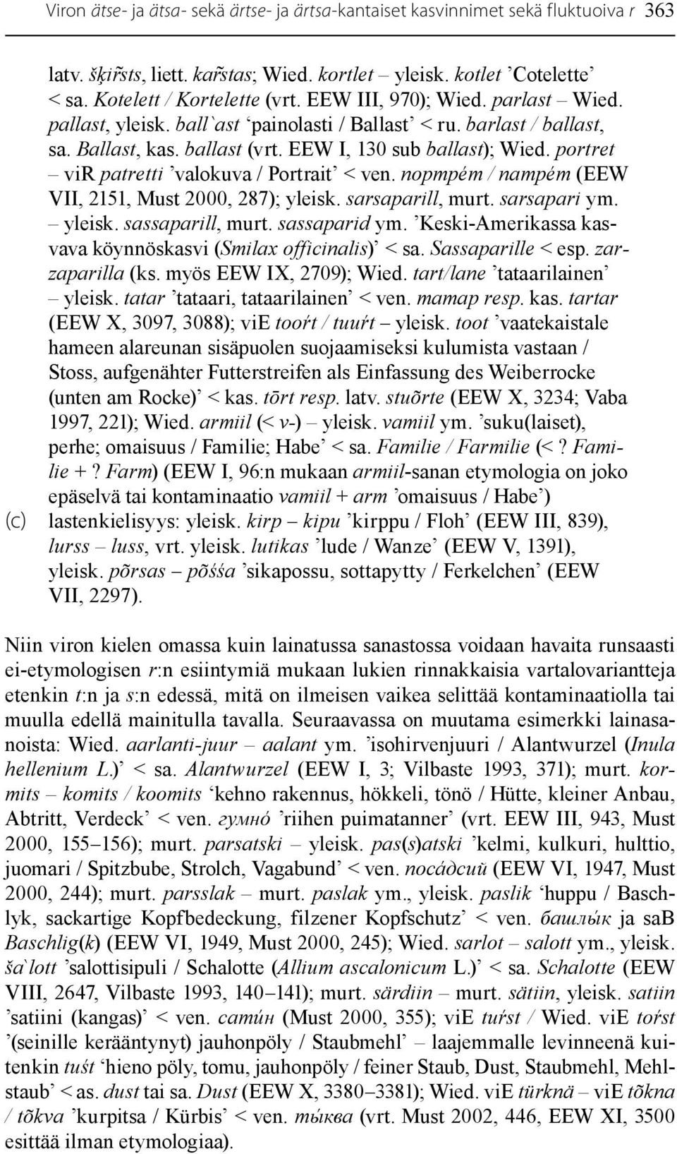 portret vir patretti valokuva / Portrait < ven. портрéт / патрéт (EEW VII, 2151, Must 2000, 287); yleisk. sarsaparill, murt. sarsapari ym. yleisk. sassaparill, murt. sassaparid ym.