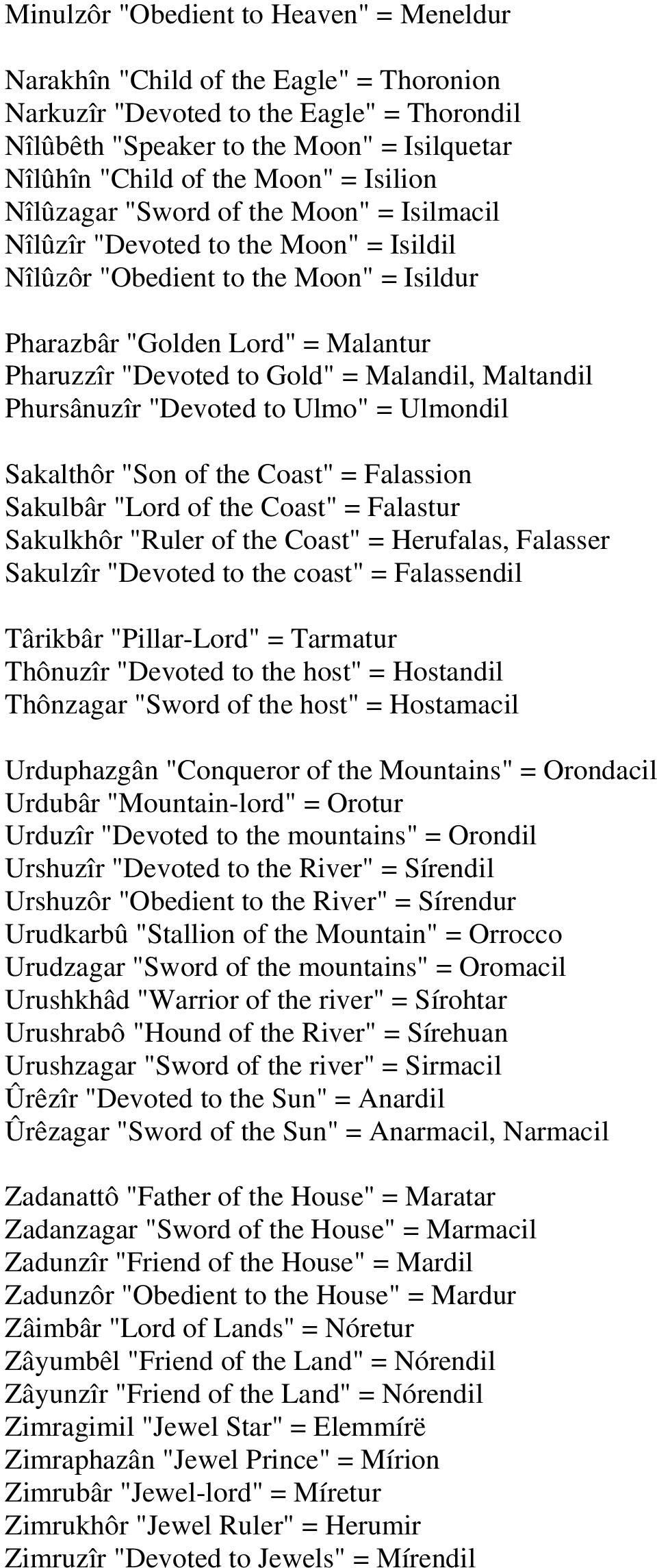 Malandil, Maltandil Phursânuzîr "Devoted to Ulmo" = Ulmondil Sakalthôr "Son of the Coast" = Falassion Sakulbâr "Lord of the Coast" = Falastur Sakulkhôr "Ruler of the Coast" = Herufalas, Falasser