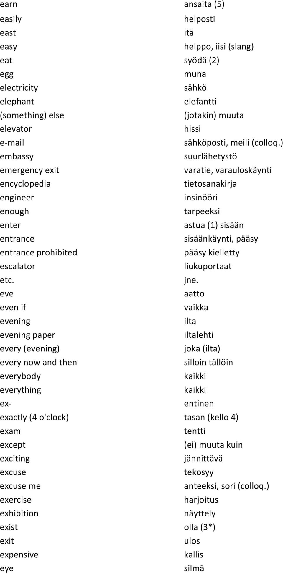 ) embassy suurlähetystö emergency#exit varatie,#varauloskäynti encyclopedia tietosanakirja engineer insinööri enough tarpeeksi enter astua#(1)#sisään entrance sisäänkäynti,#pääsy entrance#prohibited