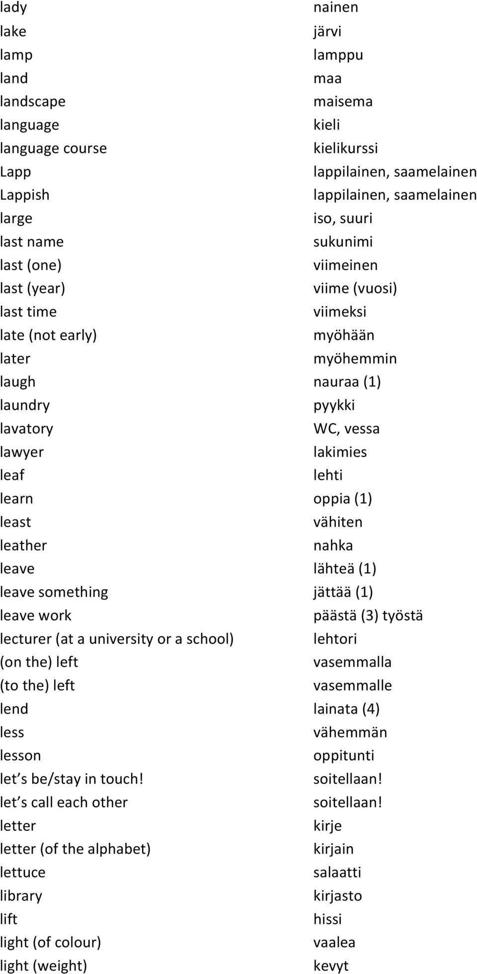 oppia#(1) least vähiten leather nahka leave lähteä#(1) leave#something jättää#(1) leave#work päästä#(3)#työstä lecturer#(at#a#university#or#a#school) lehtori (on#the)#left vasemmalla (to#the)#left