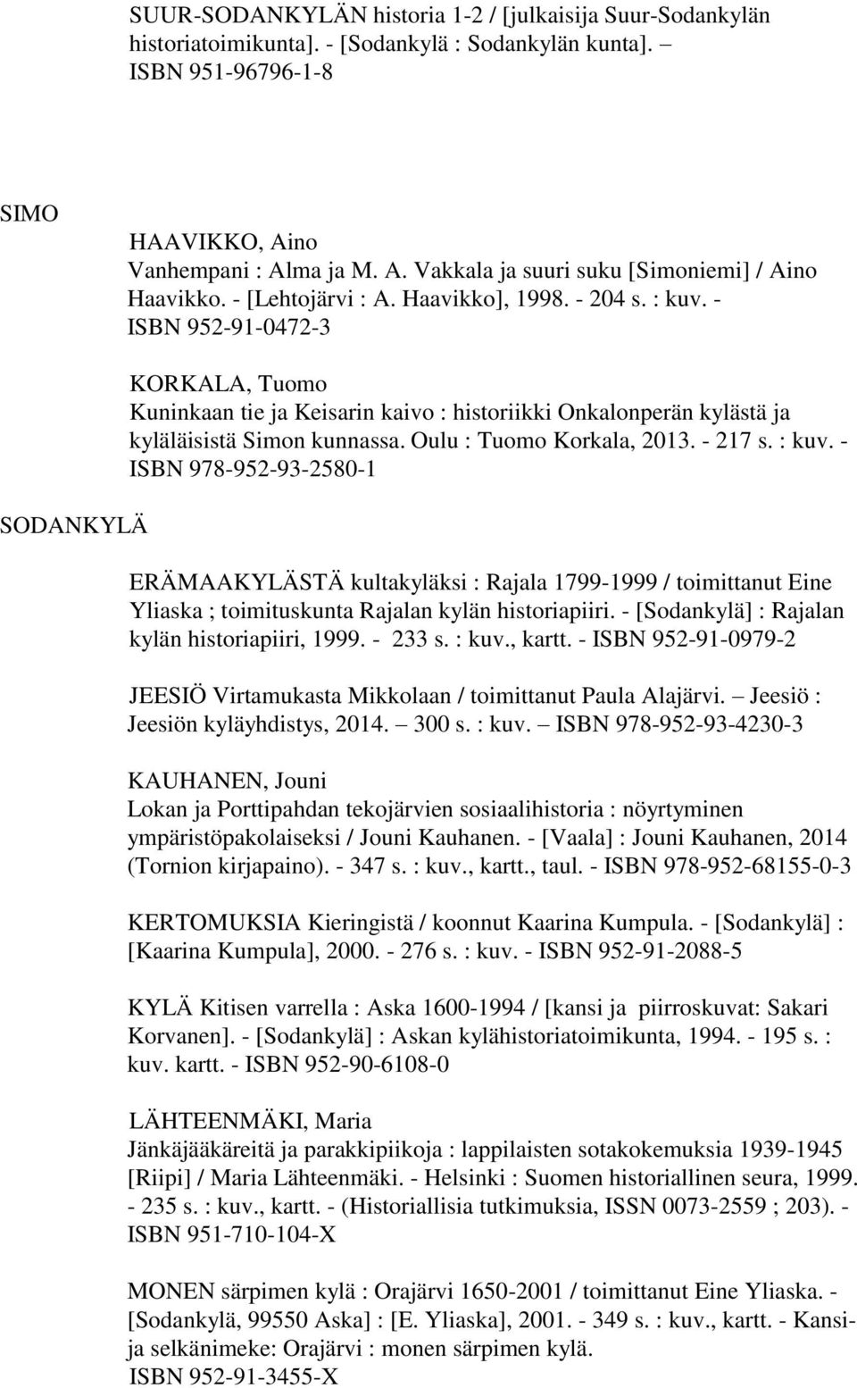 - ISBN 952-91-0472-3 SODANKYLÄ KORKALA, Tuomo Kuninkaan tie ja Keisarin kaivo : historiikki Onkalonperän kylästä ja kyläläisistä Simon kunnassa. Oulu : Tuomo Korkala, 2013. - 217 s. : kuv.