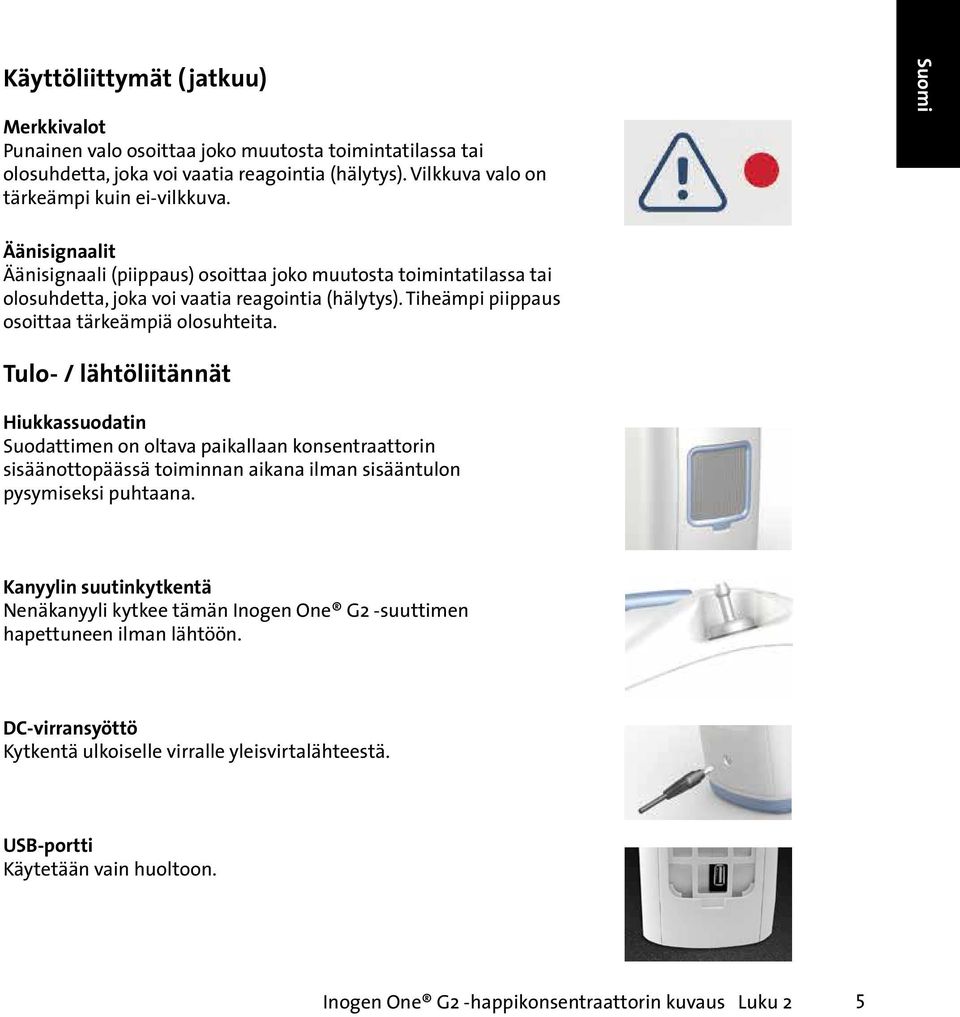 Tulo- / lähtöliitännät Hiukkassuodatin Suodattimen on oltava paikallaan konsentraattorin sisäänottopäässä toiminnan aikana ilman sisääntulon pysymiseksi puhtaana.