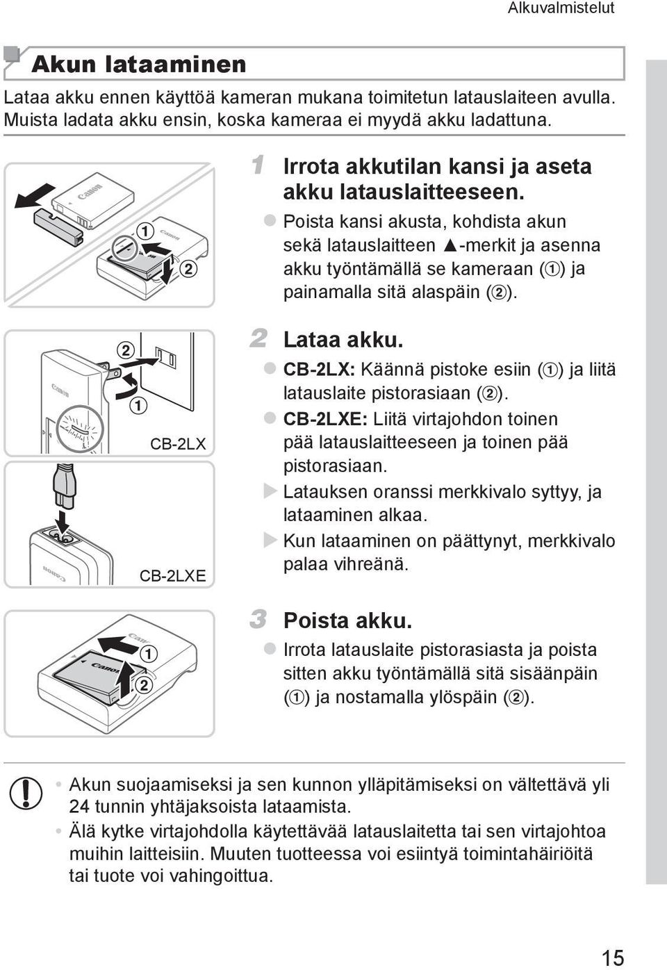 CB-2LX CB-2LXE 2 Lataa akku. zcb-2lx: Käännä pistoke esiin ( ) ja liitä latauslaite pistorasiaan ( ). zcb-2lxe: Liitä virtajohdon toinen pää latauslaitteeseen ja toinen pää pistorasiaan.