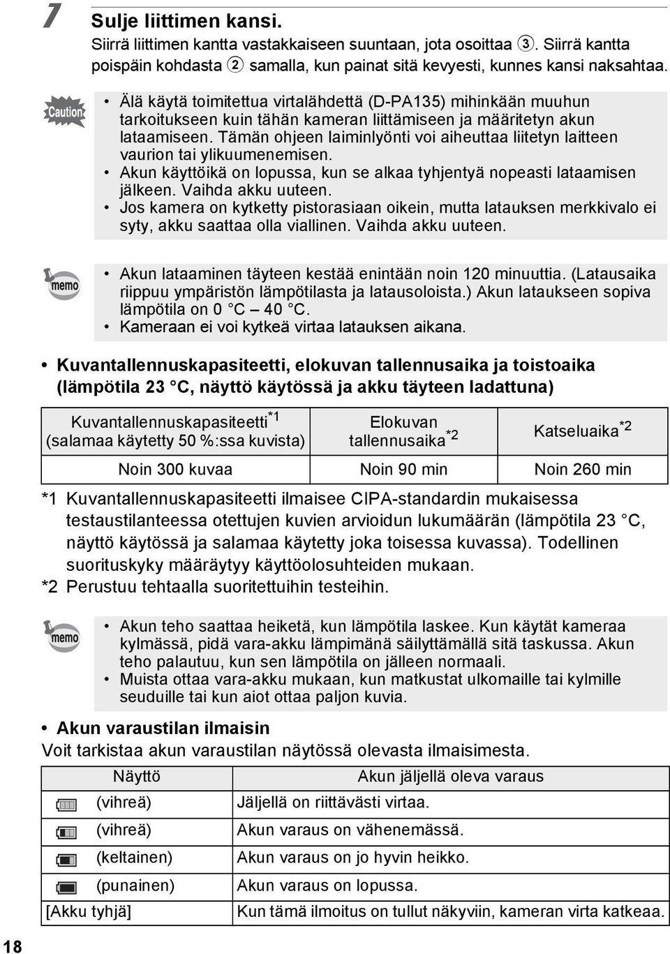 Tämän ohjeen laiminlyönti voi aiheuttaa liitetyn laitteen vaurion tai ylikuumenemisen. Akun käyttöikä on lopussa, kun se alkaa tyhjentyä nopeasti lataamisen jälkeen. Vaihda akku uuteen.