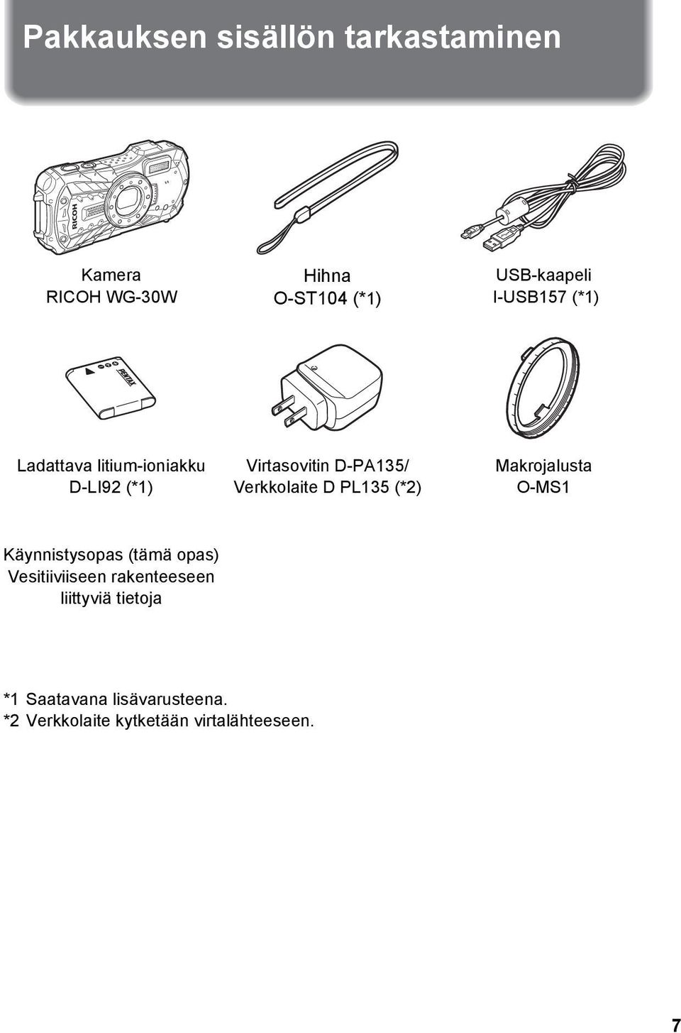 D PL135 (*2) Makrojalusta O-MS1 Käynnistysopas (tämä opas) Vesitiiviiseen rakenteeseen