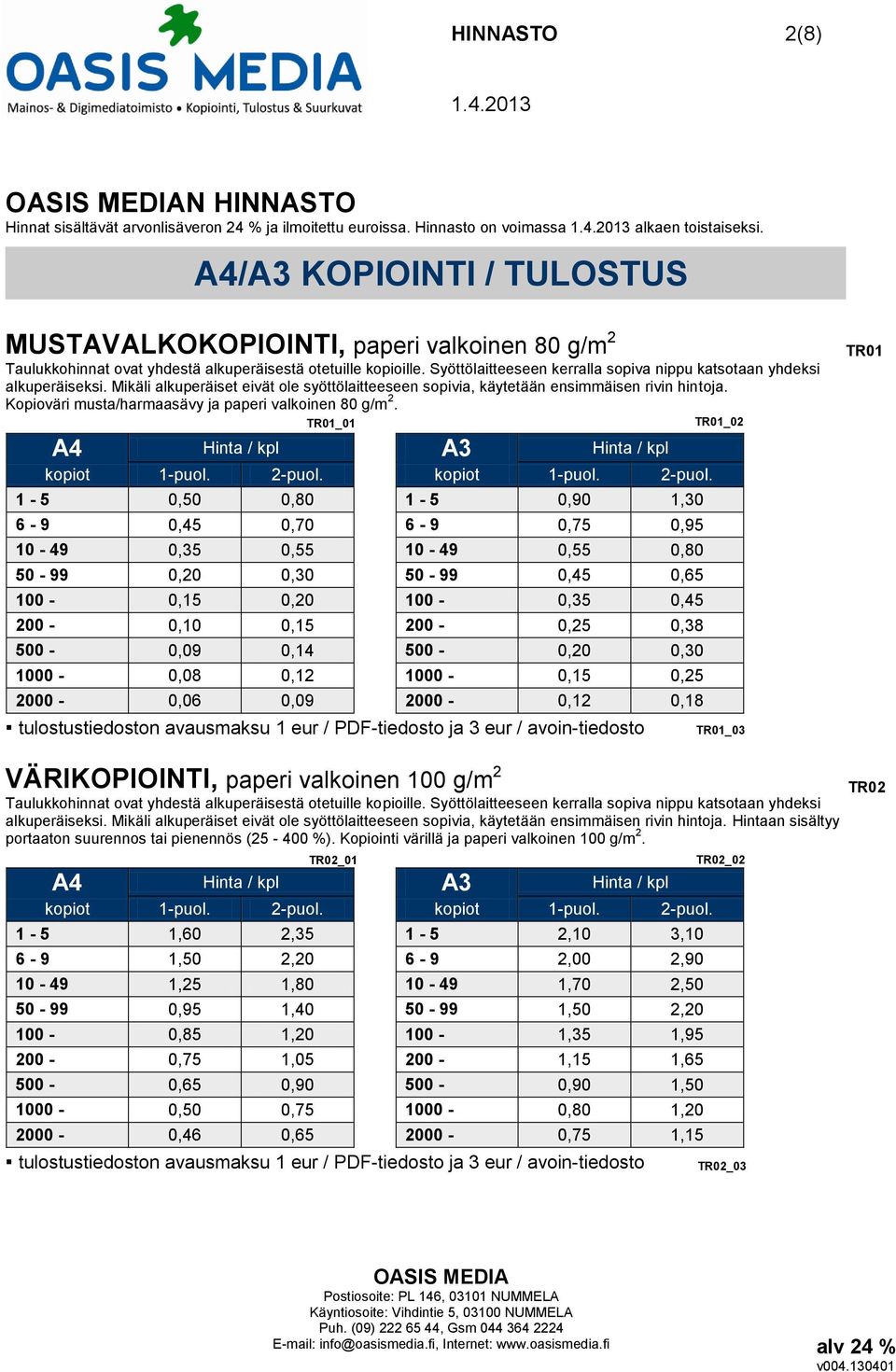 Syöttölaitteeseen kerralla sopiva nippu katsotaan yhdeksi alkuperäiseksi. Mikäli alkuperäiset eivät ole syöttölaitteeseen sopivia, käytetään ensimmäisen rivin hintoja.