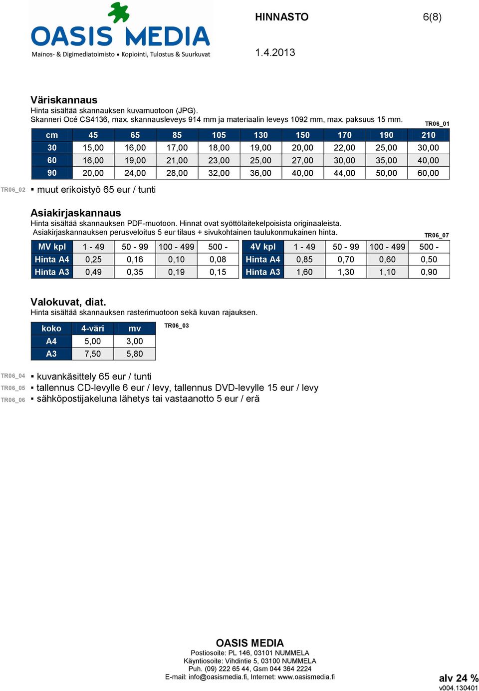 erikoistyö 65 eur / tunti Asiakirjaskannaus Hinta sisältää skannauksen PDF-muotoon. Hinnat ovat syöttölaitekelpoisista originaaleista.