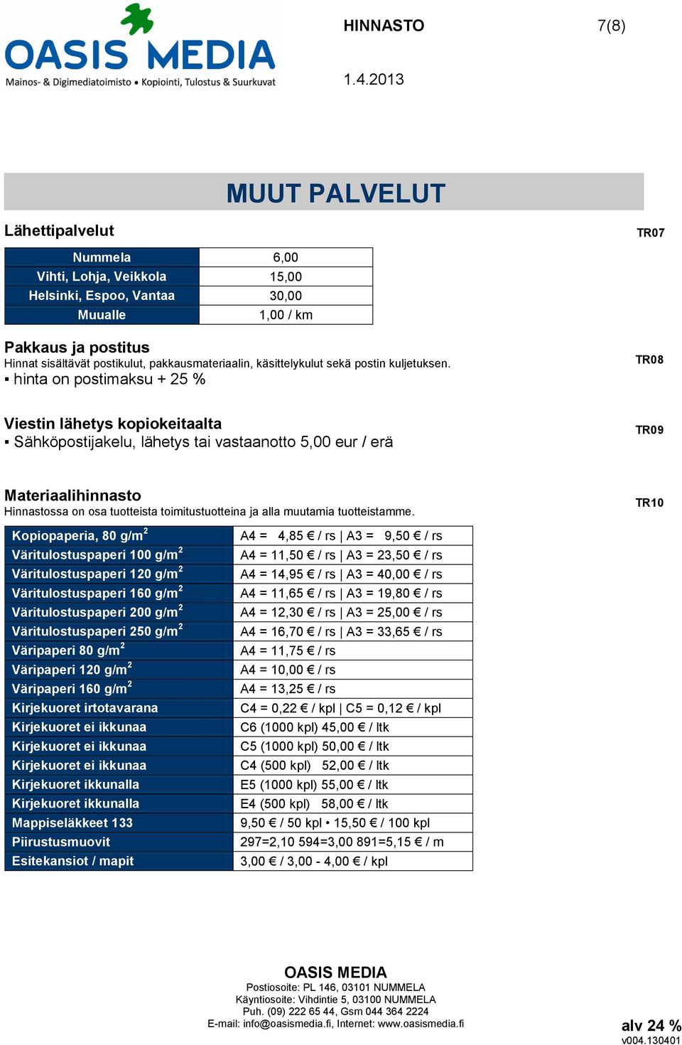 hinta on postimaksu + 25 % TR08 Viestin lähetys kopiokeitaalta Sähköpostijakelu, lähetys tai vastaanotto 5,00 eur / erä TR09 Materiaalihinnasto Hinnastossa on osa tuotteista toimitustuotteina ja alla