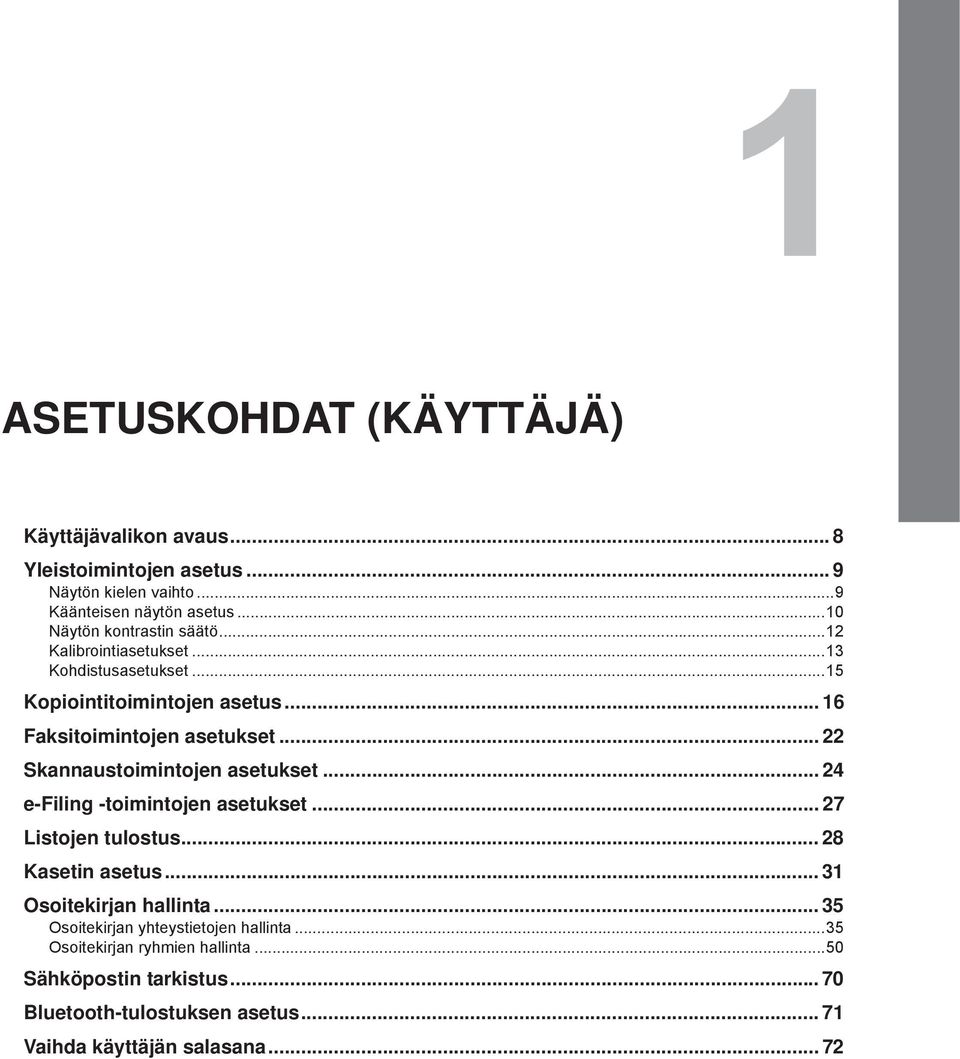 .. 22 Skannaustoimintojen asetukset... 24 e-filing -toimintojen asetukset... 27 Listojen tulostus... 28 Kasetin asetus... 31 Osoitekirjan hallinta.