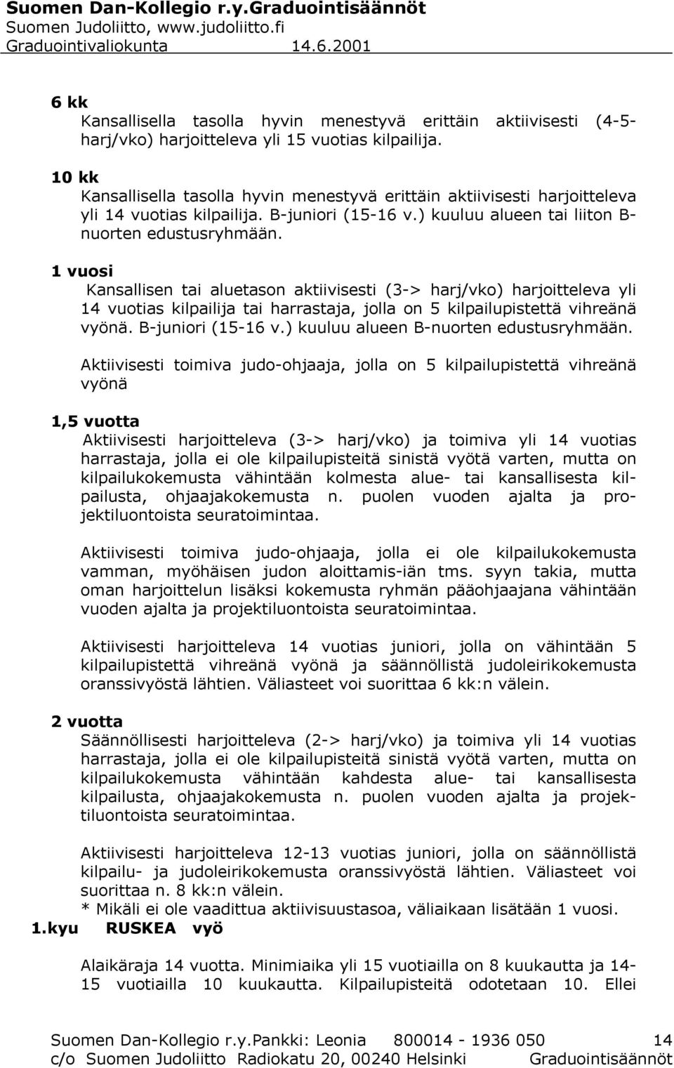 1 vuosi Kansallisen tai aluetason aktiivisesti (3-> harj/vko) harjoitteleva yli 14 vuotias kilpailija tai harrastaja, jolla on 5 kilpailupistettä vihreänä vyönä. B-juniori (15-16 v.