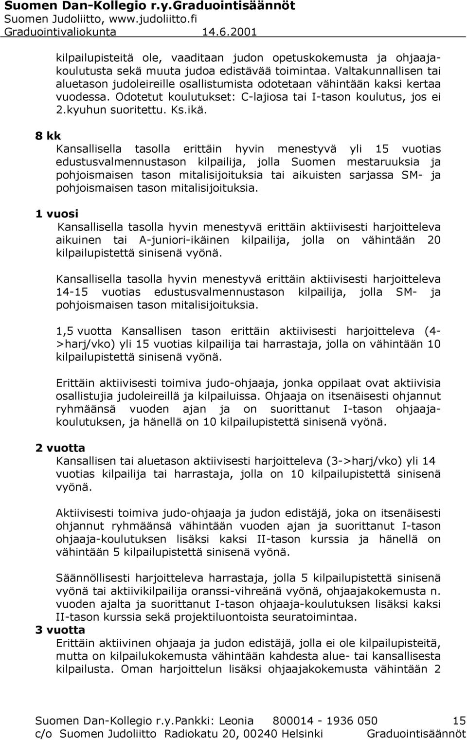 8 kk Kansallisella tasolla erittäin hyvin menestyvä yli 15 vuotias edustusvalmennustason kilpailija, jolla Suomen mestaruuksia ja pohjoismaisen tason mitalisijoituksia tai aikuisten sarjassa SM- ja