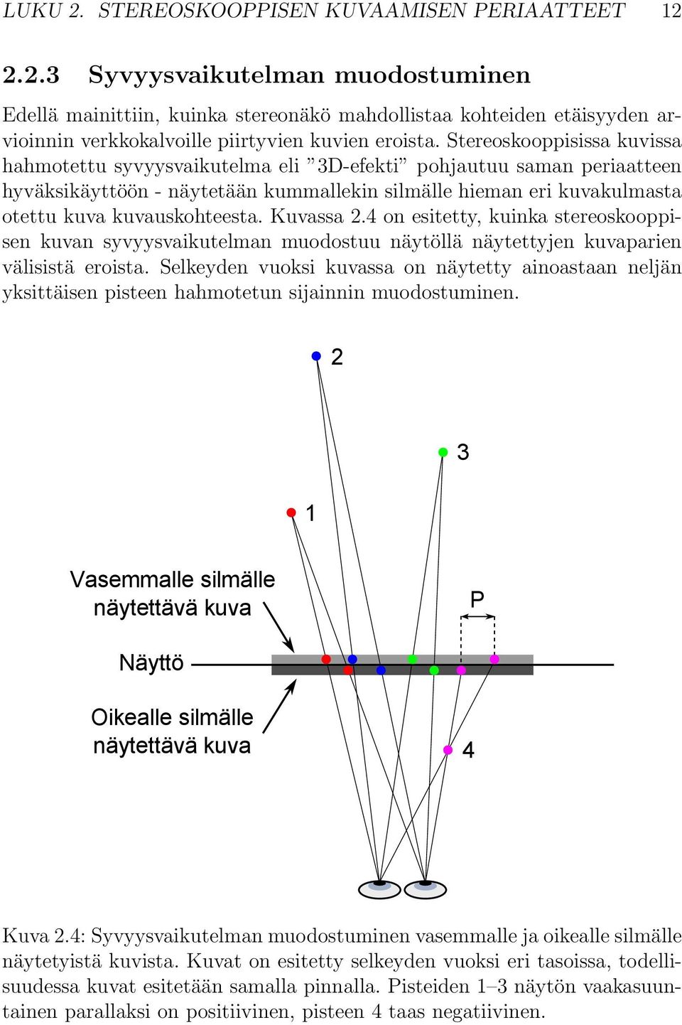 Kuvassa 2.4 on esitetty, kuinka stereoskooppisen kuvan syvyysvaikutelman muodostuu näytöllä näytettyjen kuvaparien välisistä eroista.