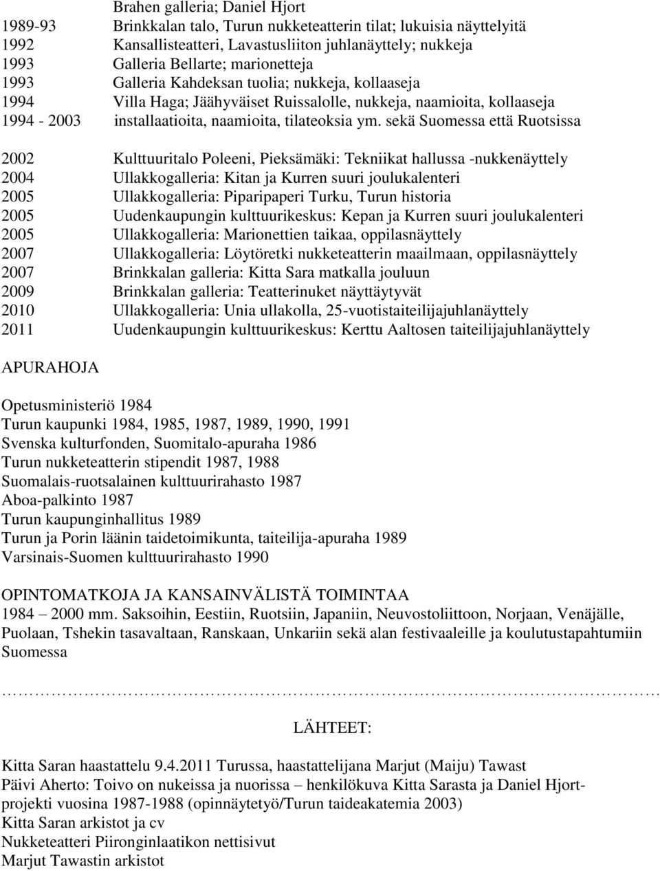 sekä Suomessa että Ruotsissa 2002 Kulttuuritalo Poleeni, Pieksämäki: Tekniikat hallussa -nukkenäyttely 2004 Ullakkogalleria: Kitan ja Kurren suuri joulukalenteri 2005 Ullakkogalleria: Piparipaperi