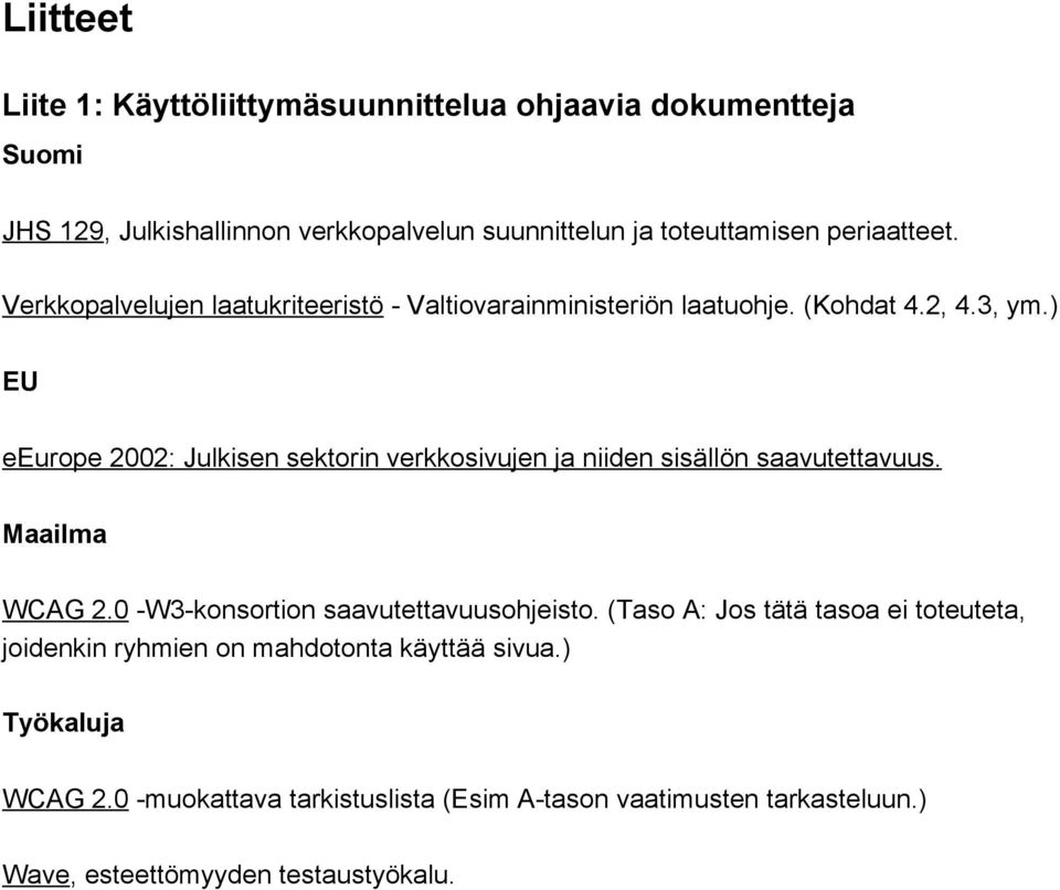 ) EU eeurope 2002: Julkisen sektorin verkkosivujen ja niiden sisällön saavutettavuus. Maailma WCAG 2.0 W3 konsortion saavutettavuusohjeisto.