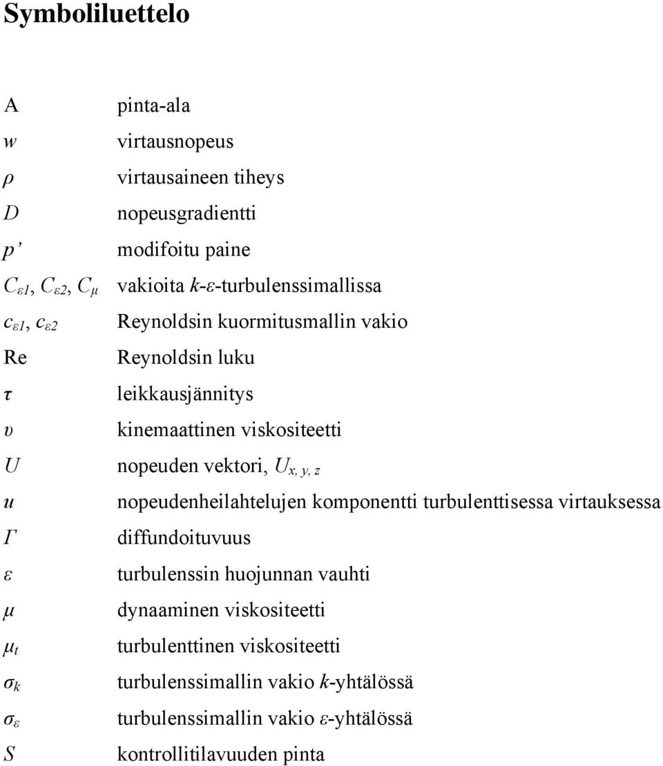 nopeuden vektori, U x, y, z u nopeudenheilahteluen komponentti turbulenttisessa virtauksessa Γ diffundoituvuus ε turbulenssin huounnan vauhti