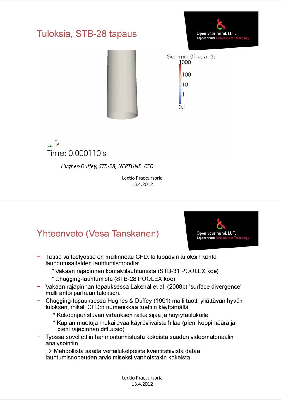 koe) * Chugging-lauhtumista ht (STB-28 POOLEX koe) Vakaan rajapinnan tapauksessa Lakehal et al. (2008b) surface divergence malli antoi parhaan tuloksen.