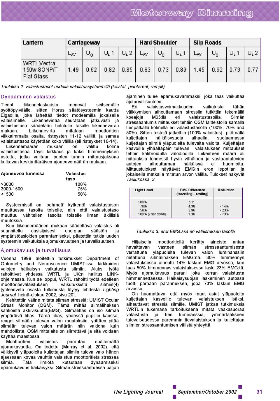 Liikennevirta mitataan moottoritien vilkkaimmalta osalta, risteysten 11 12 välillä, ja samaa valaistustasoa käytetään koko välillä (eli risteykset 10 14).